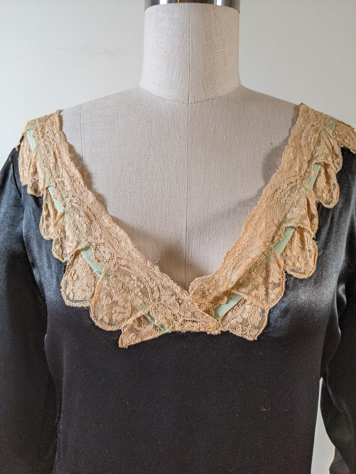 1920s Black + Green Striped Silk Dress