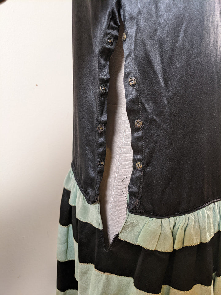 1920s Black + Green Striped Silk Dress