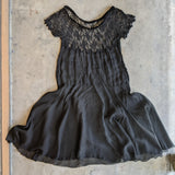 1920s Black Silk Chiffon + Lace Dress