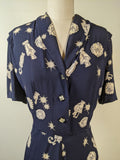 1940s Novelty Print Rayon Dress