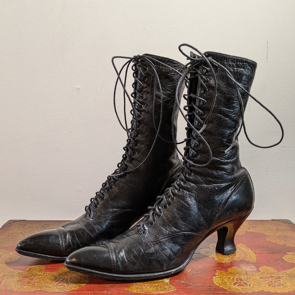 c. 1910s-1920s Black Lace Up Boots | Approx Sz 7