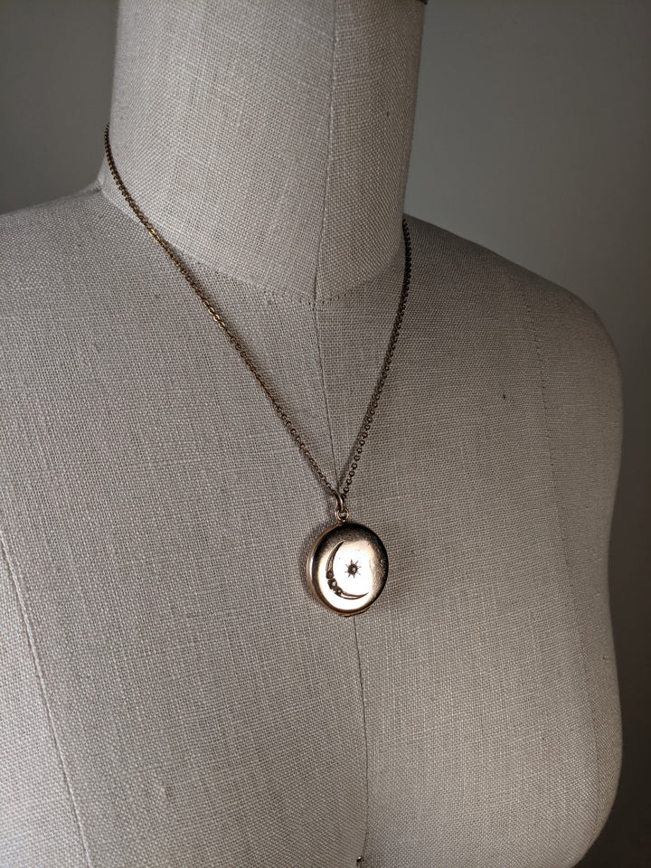 c. 1910s Moon + Star Locket and Rolo Chain