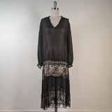 1920s Sheer Black Chiffon + Lace Dress