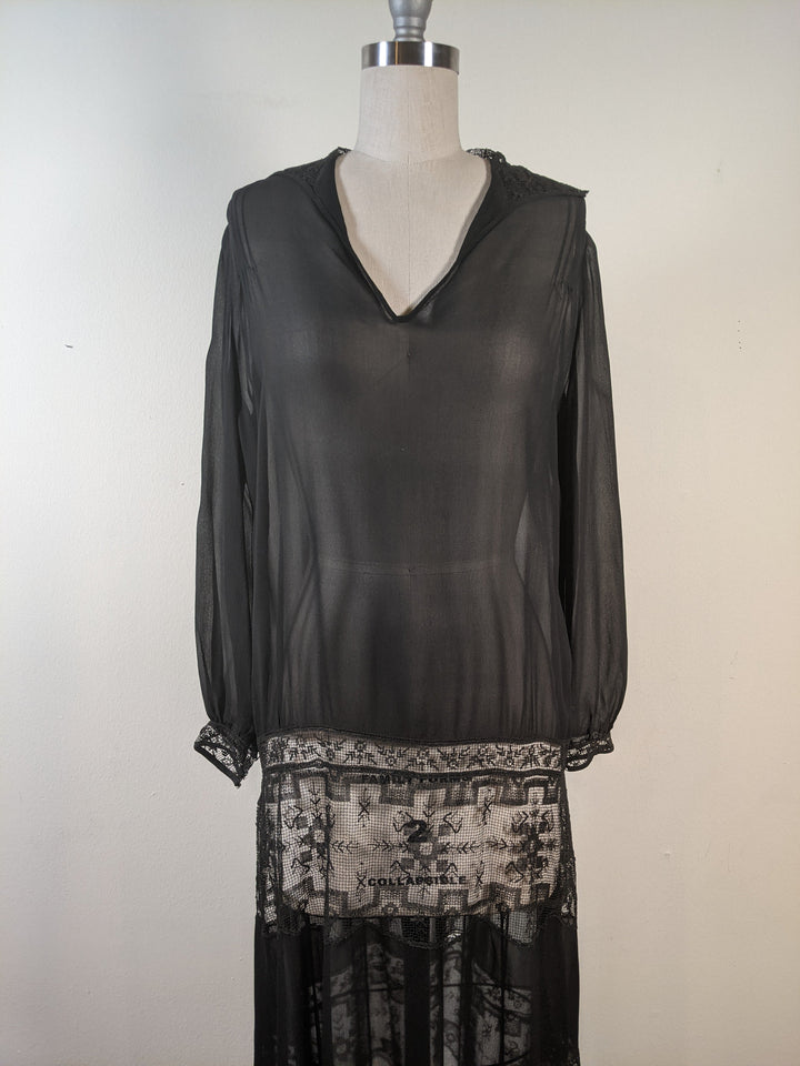 1920s Sheer Black Chiffon + Lace Dress