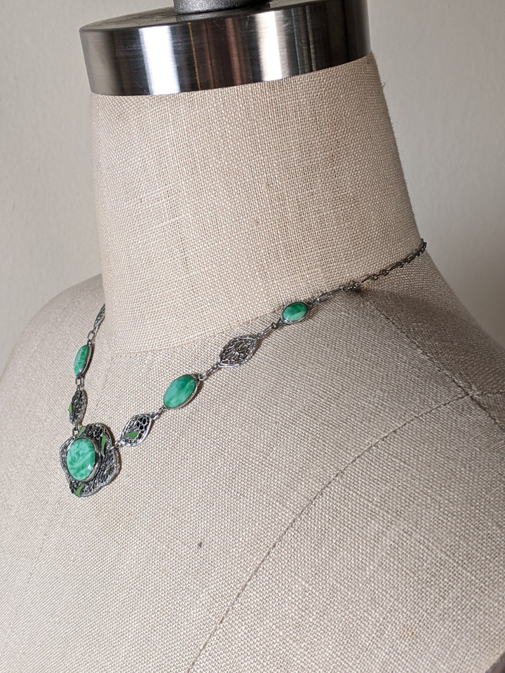 Art Deco Green Glass Rhodium Plated Necklace