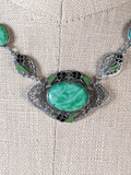 Art Deco Green Glass Rhodium Plated Necklace