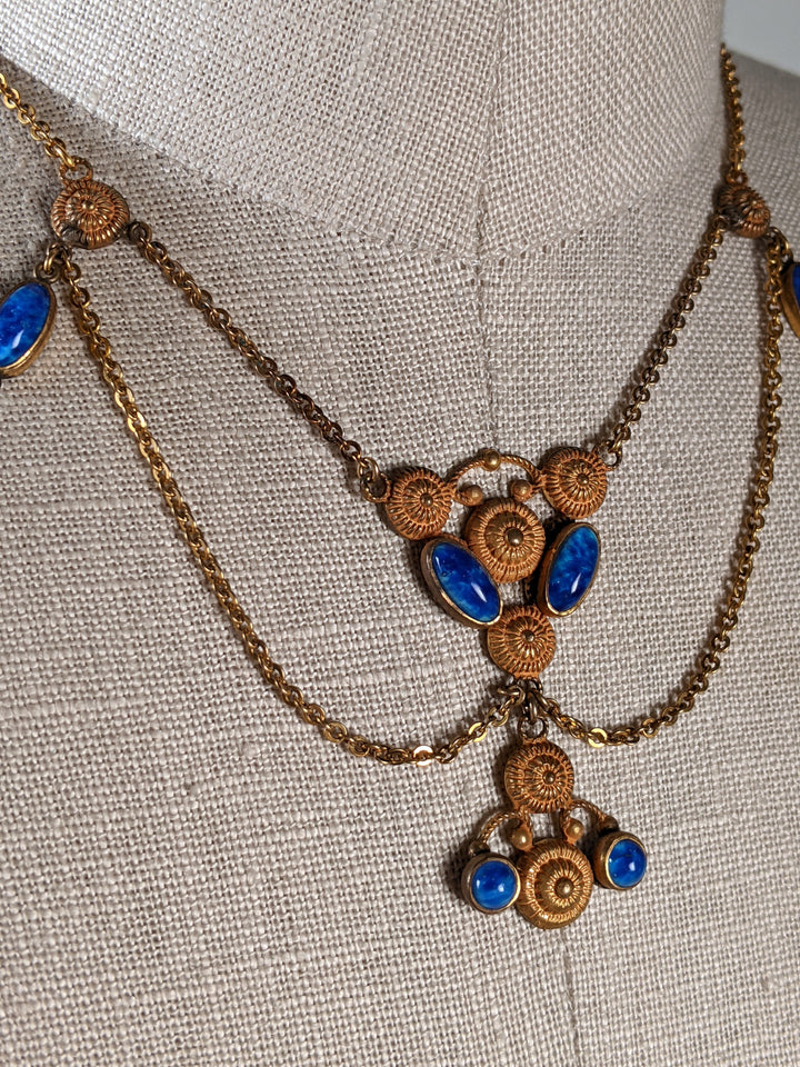 Art Deco Blue Glass Stone Festoon Necklace