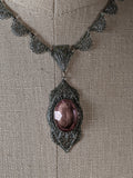 Art Deco Rhodium Plated Necklace Purple Glass Stone