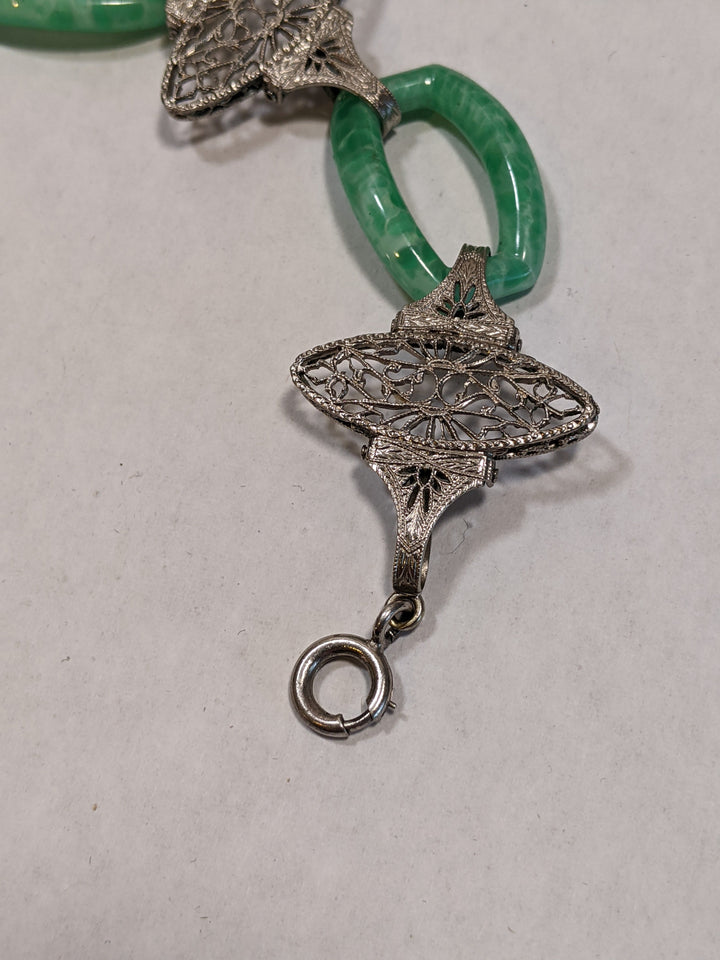 Art Deco Green Glass Rhodium Plated Bracelet