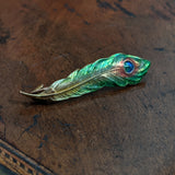 Art Nouveau 14k Gold Enamel Peacock Feather Brooch