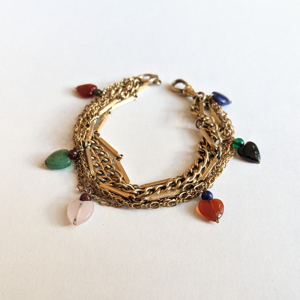 Gold Filled Watch Chain Bracelet w/ Heart Charms