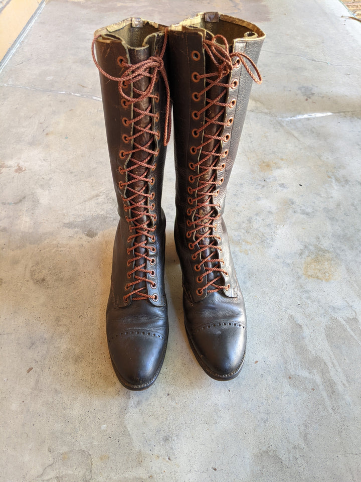 c. 1940s Tall Brown Leather Boots | Approx 7.5-8