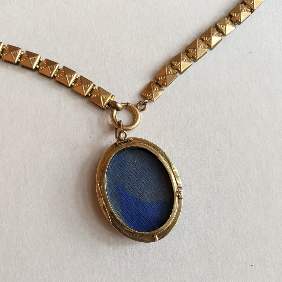 19th c. 14k Gold Enamel Locket on Book Chain