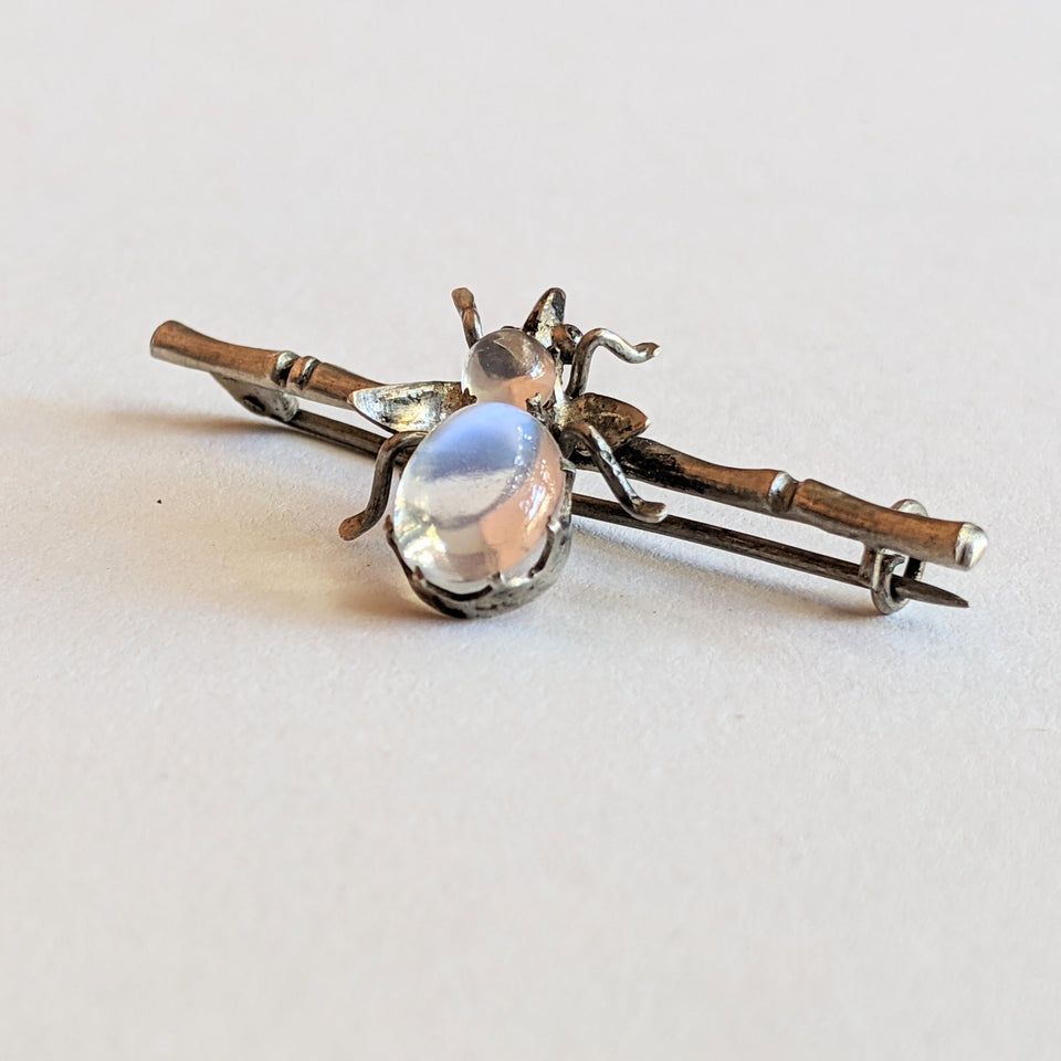 c. 1910s-20s Sterling Silver Moonstone Fly Brooch