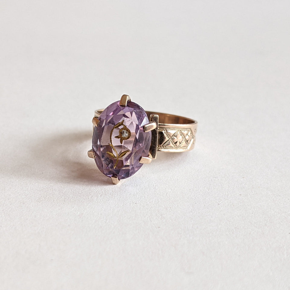 c. 1880s 14k Gold Rose of Sharon Ring | Diamond Encrusted Amethyst