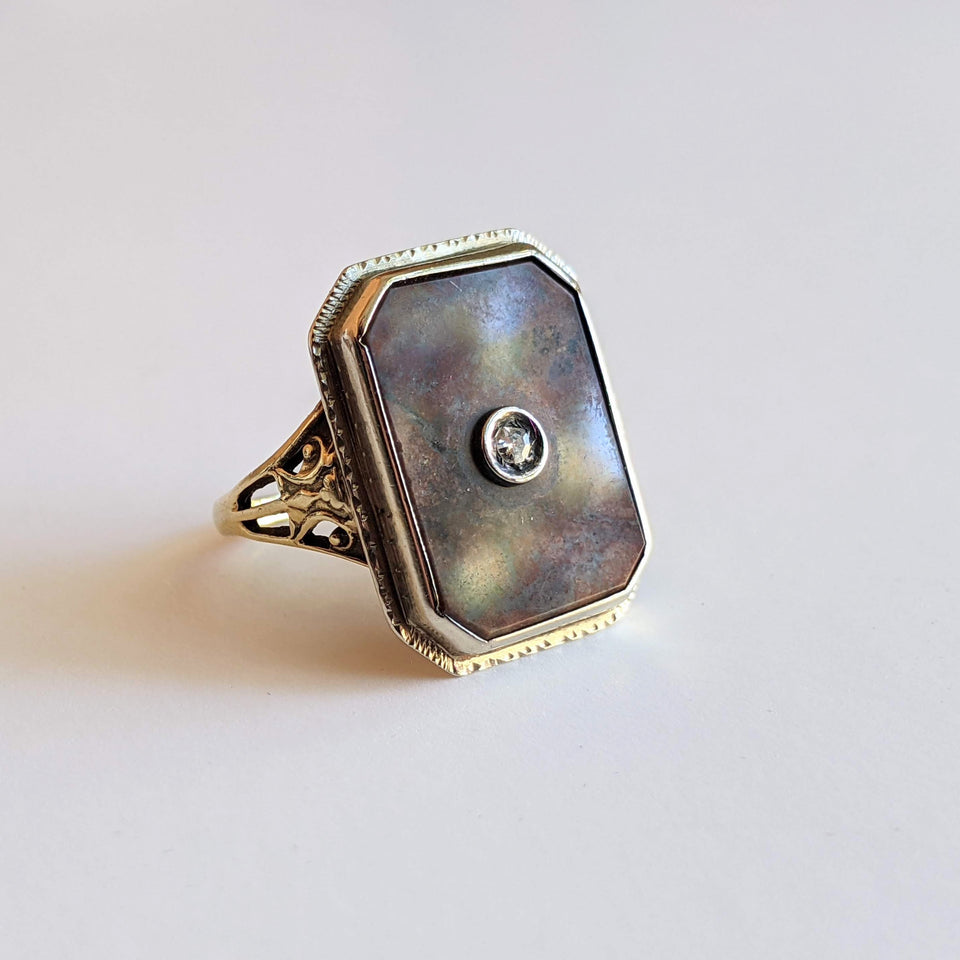 Art Deco 14k Gold Petrified Wood + Diamond Ring