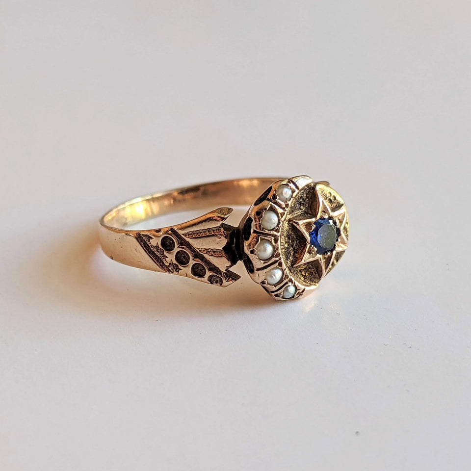 c. 1890s 14k Gold Moon + Star Ring