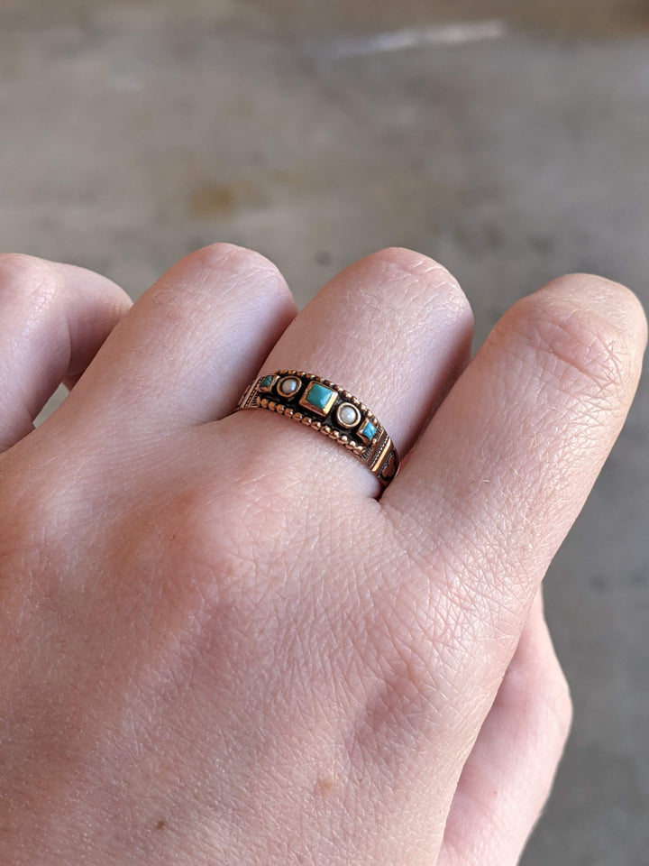 c. 1880s-1890s 14k Gold, Turquoise, Pearl Ring