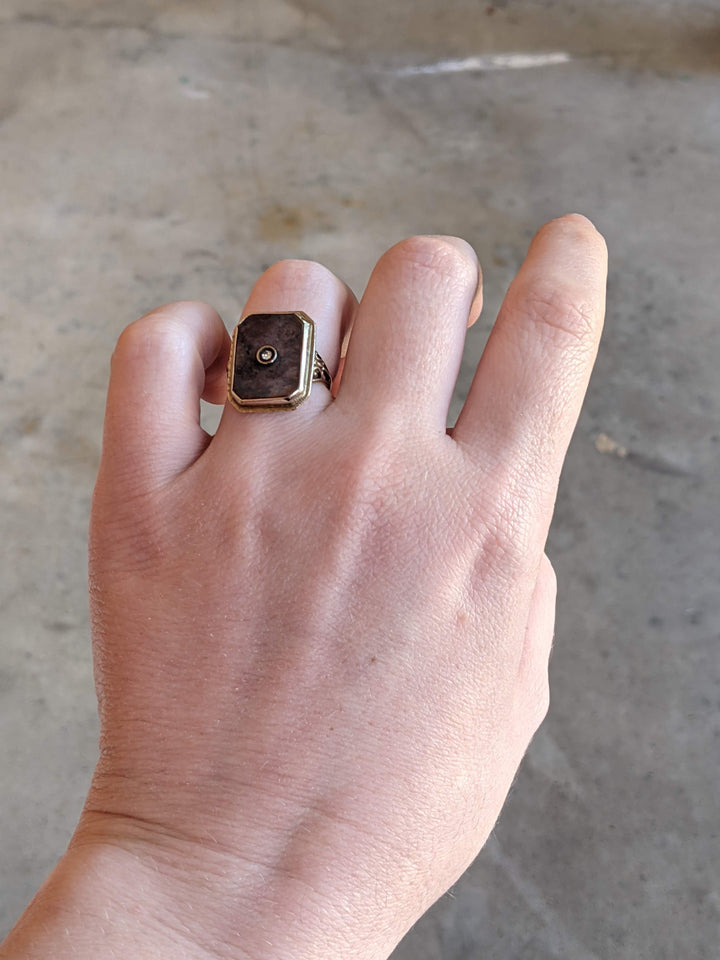 Art Deco 14k Gold Petrified Wood + Diamond Ring
