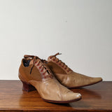 c. 1890s Tan Leather + Silk Oxfords
