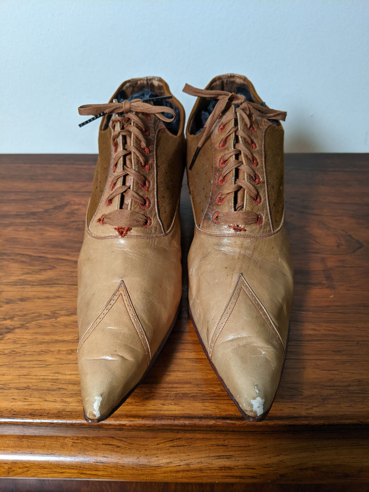 c. 1890s Tan Leather + Silk Oxfords