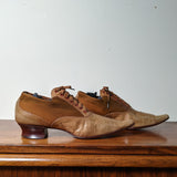 c. 1890s Tan Leather + Silk Oxfords
