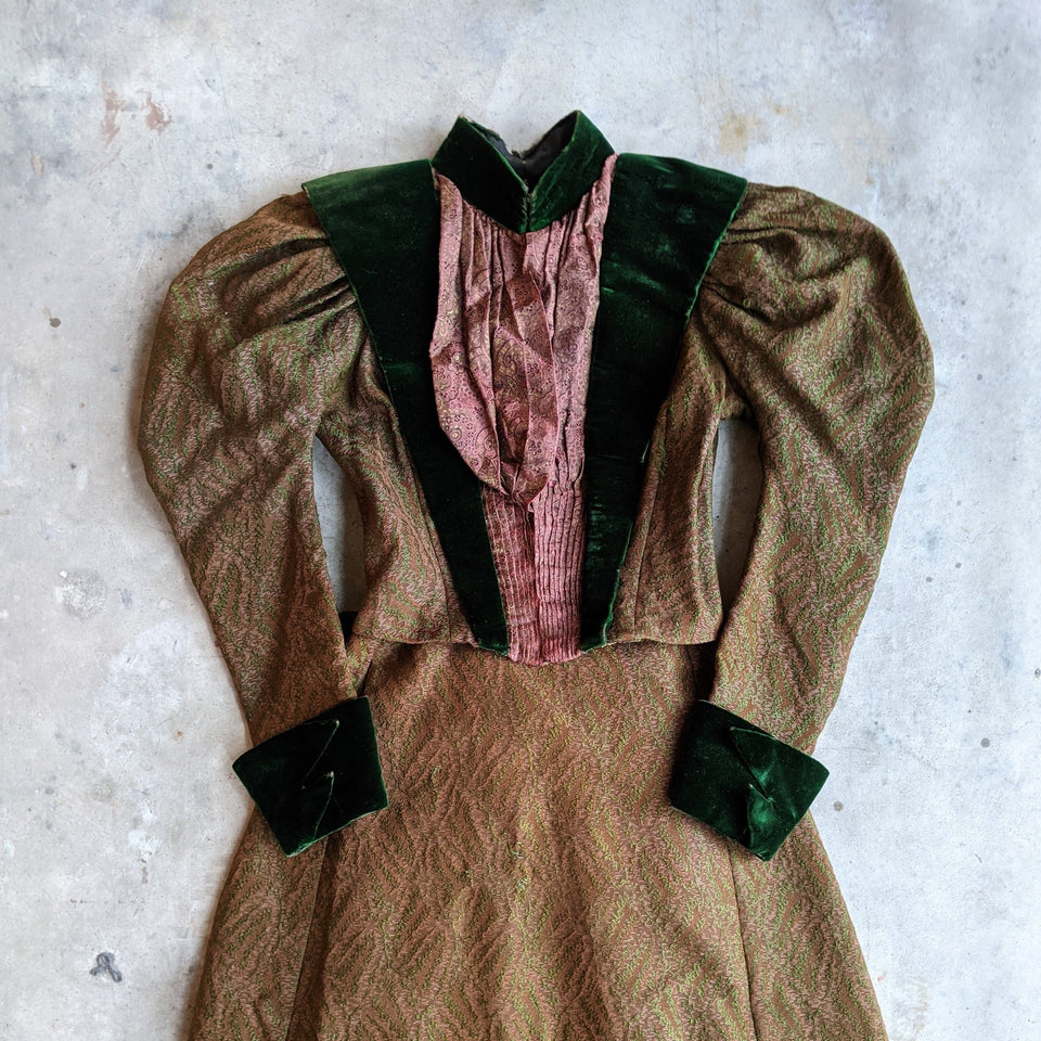 1890s Green Wool + Silk Dress