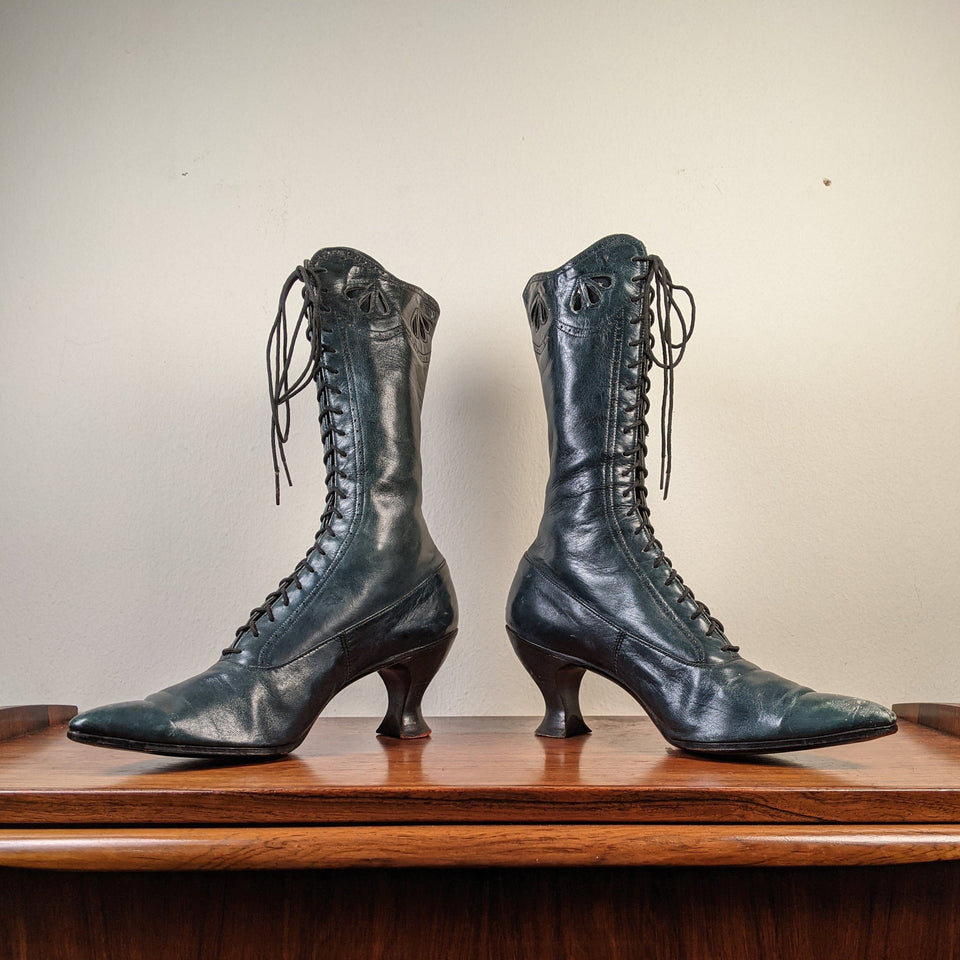 c. 1910-1920s Blue/Green Louis Heel Boots | Approx Sz 6-6.5