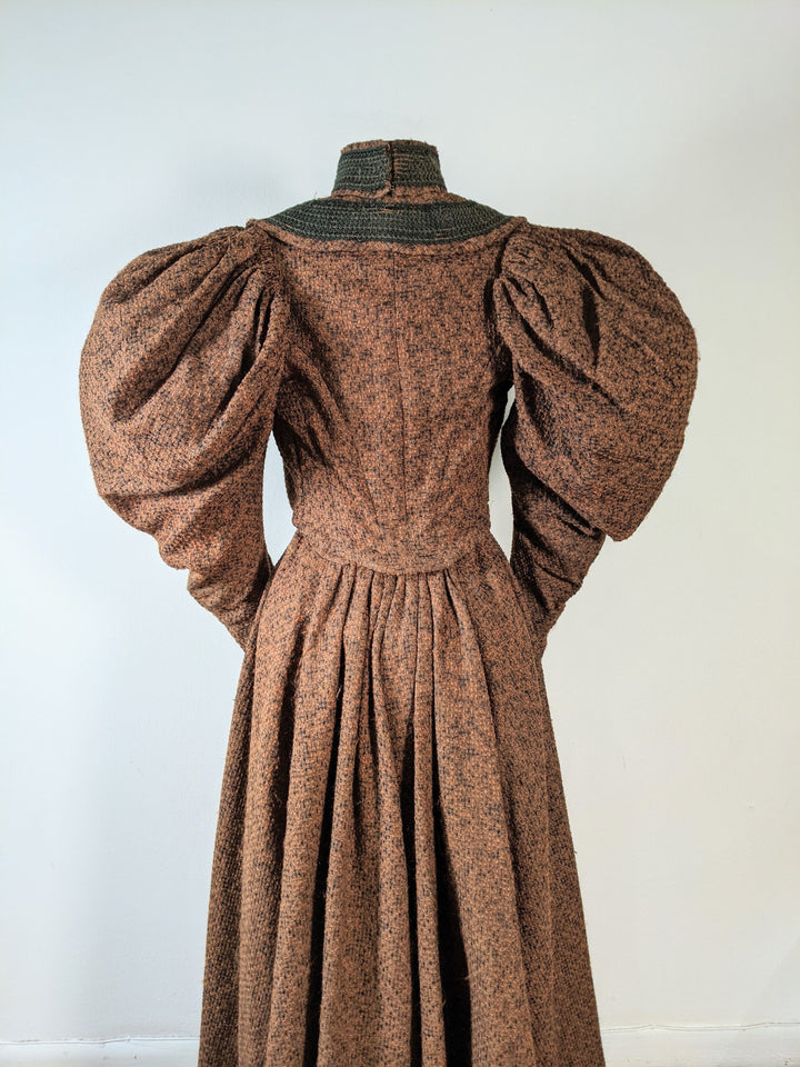 c. 1890s Gorgeous Green + Brown Woven Cotton + Wool Dress