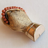 19th c. Gold Filled + Coral Bead Fist Brooch