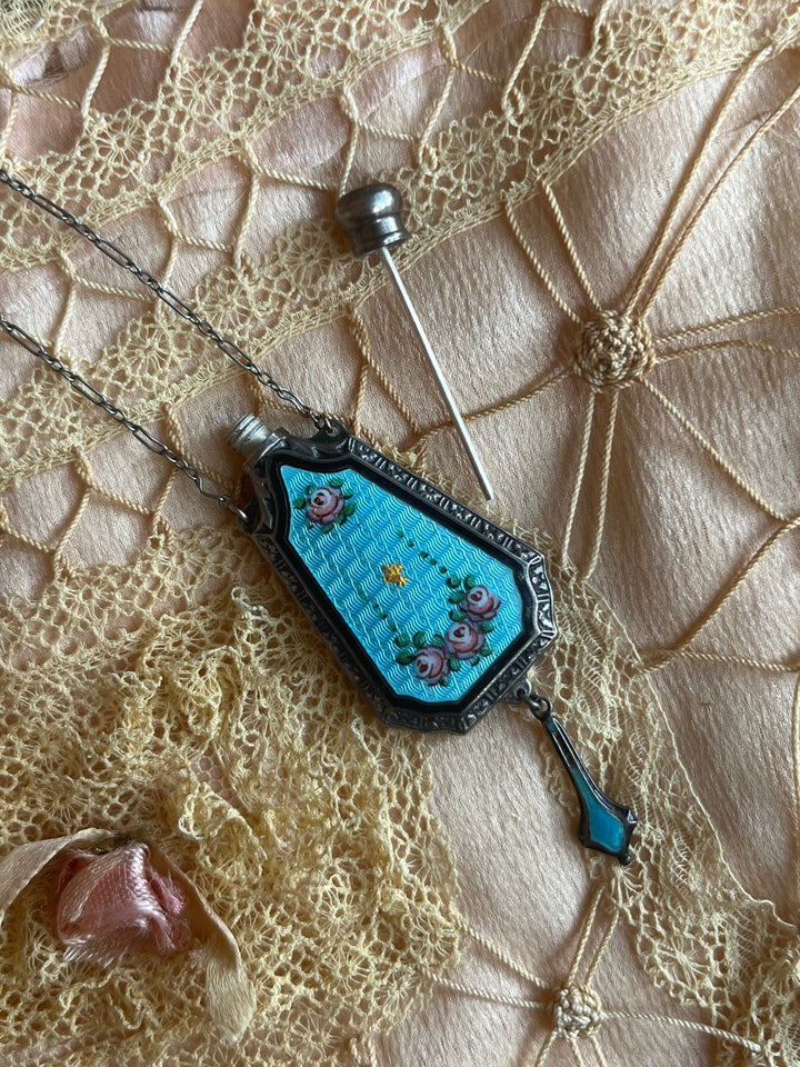 Art Deco Sterling Silver Guilloche Enamel Perfume Bottle Necklace